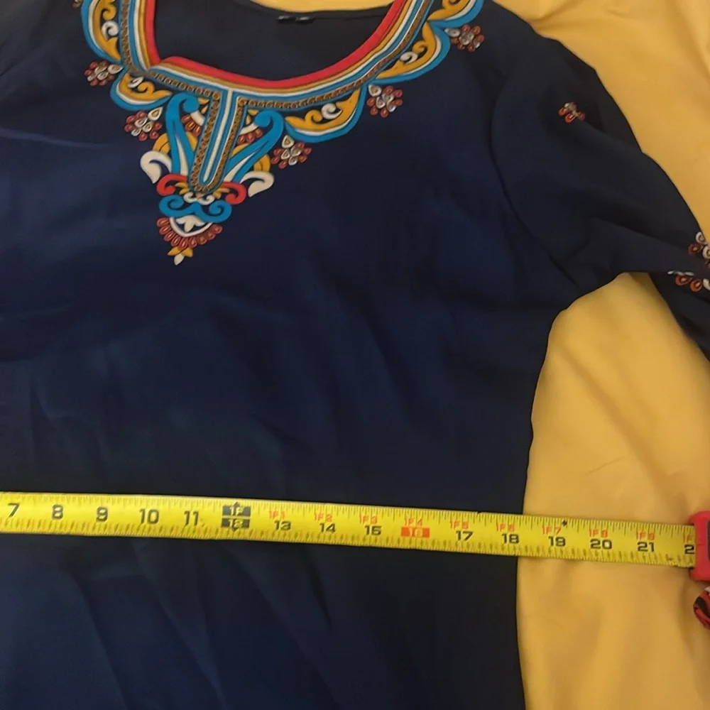 🎉Gorgeous Indian style tunic top navy blue with gorgeous multicolored borders! - Picture 8 of 9